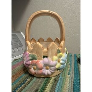 Teleflora Ceramic Picket Fence Basket with Flowers Spring Easter Decor Pastels‎